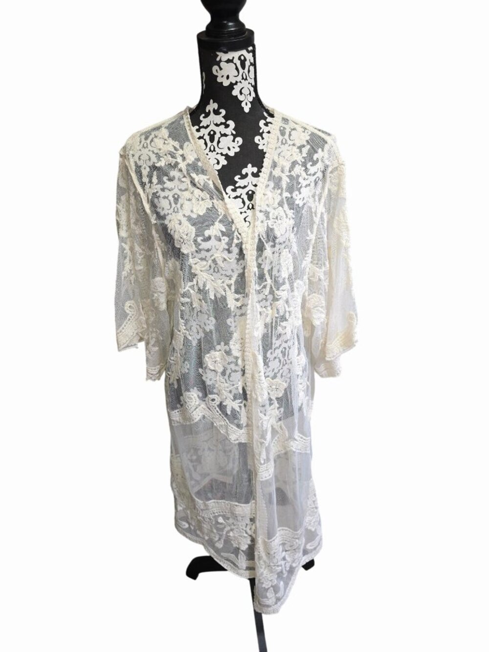 Sheer Cream Floral Embroidered Kimono Cardigan L/XL Boho Romantic Western
